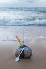 Old coconut with used plastic dishes and straws inside laying on the beach. Sea on the background. Concept of stop plastic pollution, plastic free.