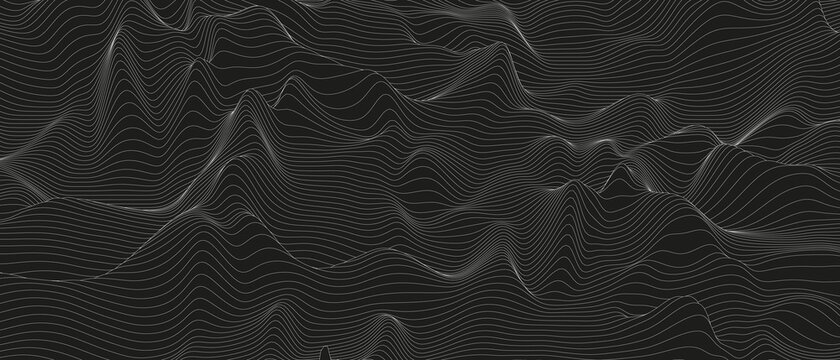 Abstract background with distorted line shapes on a black background. Monochrome sound line waves.