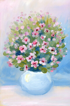 Oil painting. Still life of lush bouquet of bright pink flowers in a blue vase