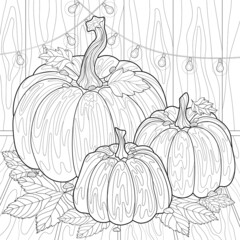Three pumpkins, maple leaves, seeds, light garland, wooden wall and floor. Vegetables. Isolated illustration on a white background. For Halloween or Thanksgiving day. For coloring book.