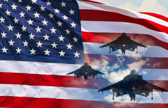 USA air forces strike concept. Fighter aircrafts on American flag background