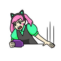 机をたたく猫耳カチューシャの女性