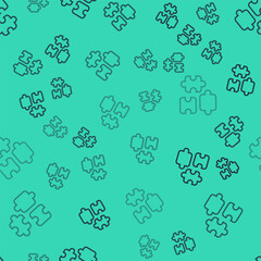 Black line Puzzle pieces toy icon isolated seamless pattern on green background. Vector