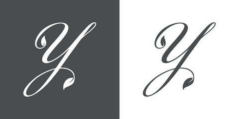 Logotipo letra inicial Y con hojas de planta en fondo gris y fondo blanco - obrazy, fototapety, plakaty
