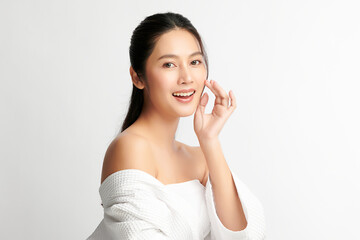 Beautiful young asian woman with clean fresh skin on white background, Face care, Facial treatment, Cosmetology, beauty and spa, Asian women portrait.