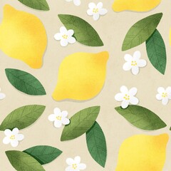 Yellow lemons seamless pattern on beige background. Botanical illustration. Wallpaper or textile design.