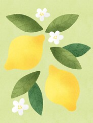 Yellow lemons set on green background. Botanical illustration. Wallpaper or textile design.