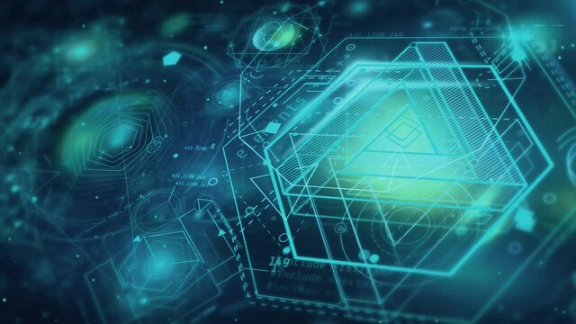 Flying through a sci-fi space filled with infographics.