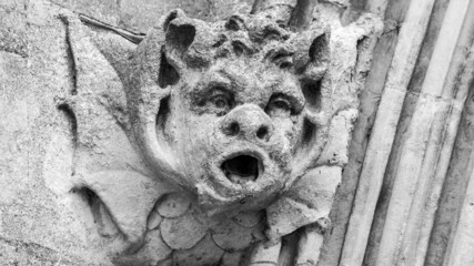 Gargoyle of Salisbury Cathedral, architecture detail, stone work in black and white tone, black and white high contrast photography autumn season 2021 - 461008749