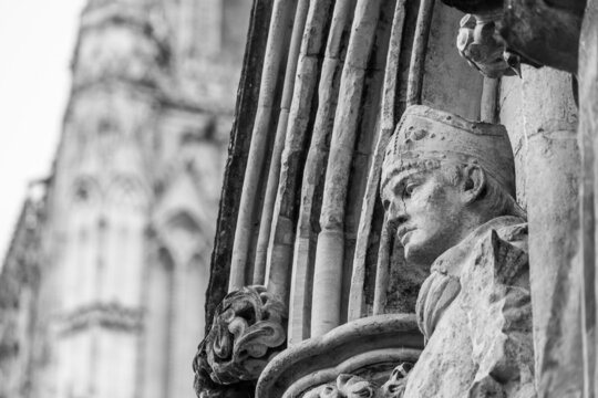 Statue in Salisbury Cathedral, architecture detail, stone work in black and white tone, black and white high contrast photography autumn season 2021
