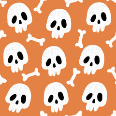 cute cartoon halloween seamless vector pattern background illustration with skulls and bones