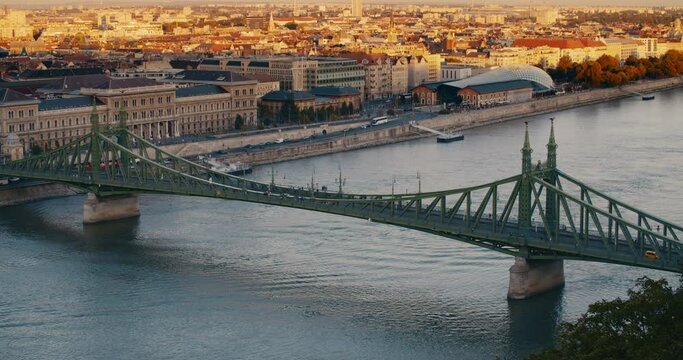 Budapest, Liberty Bridge from Gellert Hill at sunset