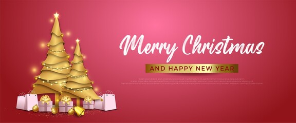 Minimal christmas banner with realistic gift box presents