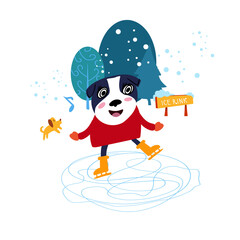 Cheerful funny dog ​​on  ice rink, character for design, print. Vector hand drawn cartoon flat style illustration.