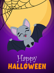 A Halloween banner with cobwebs.  Cute cartoon bat on the background of the moon, Halloween, for decorating postcards and stickers. Halloween Design, Halloween Mood