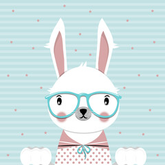 Сute bunny with glasses on blue background. flat vector illustration.