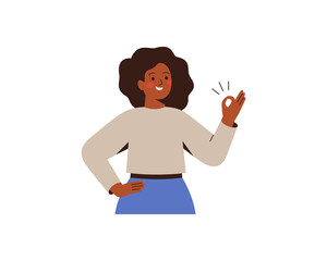 Black businesswoman shows ok sign completing the project. Successful African female entrepreneur satisfied with the result of her work. Vector illustration