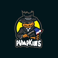 Pumpkins mascot logo design vector with modern illustration concept style for badge, emblem and t shirt printing. Angry pumpkins illustration.