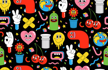 Cartoon characters background. Seamless pattern with funny stickers and patches in trendy retro cartoon style. - obrazy, fototapety, plakaty