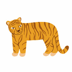 flat tiger stands on its hind legs, drawn by hand. cute colorful chinese tiger. vector illustration isolated on white background