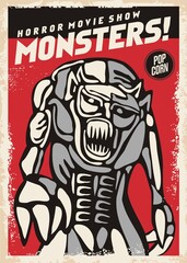 Monsters and creeps retro poster for cinema movie show. Horror and fantasy film festival. Vector pamphlet layout on red background.