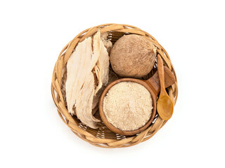 Pueraria mirifica or white kwao krua fruit ,slices and powder isolated on background.top view,flat lay.