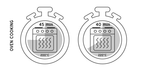 Meal Timer logo design. 5 minutes cook in boiling saucepan, fry pan,  microwave watt and oven cooker.