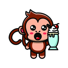 cute monkey eating ice cream icon illustration vector graphic 
