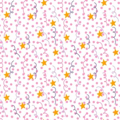Seamless birthday pattern with stars and confetti on white background