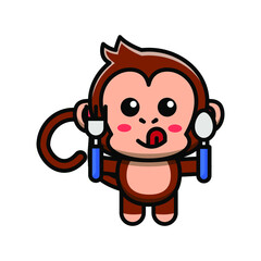 cute monkey eating with cutlery icon illustration vector graphic 
