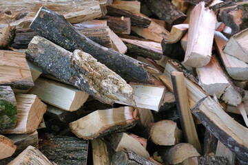 Small brown chopped firewood with grey bark pile lies