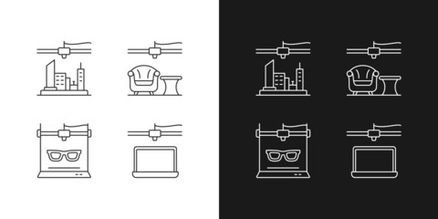 Three dimensional objects production linear icons set for dark and light mode. Furniture and music industry. Customizable thin line symbols. Isolated vector outline illustrations. Editable stroke