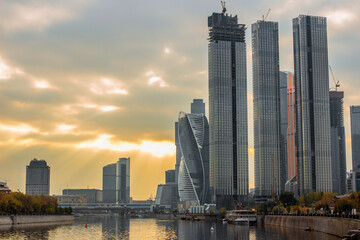 Obraz premium Moscow, Russia - 02 October 2021: Sunset view of skyscrapers in Moscow