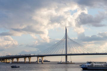 Russia. Saint-Petersburg. View of the supports of the Western High-Speed Diameter highway over the Petrovsky Fairway.