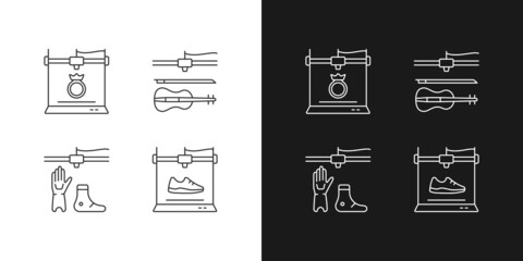 Building 3d objects process linear icons set for dark and light mode. Jewelry production. Artificial limbs. Customizable thin line symbols. Isolated vector outline illustrations. Editable stroke
