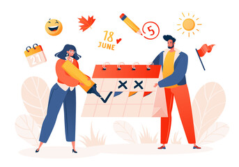 Time management, work organization and notification of life events, memo reminder, work plan. Man holds large calendar in his hand, woman circles date, planning important things to do. 