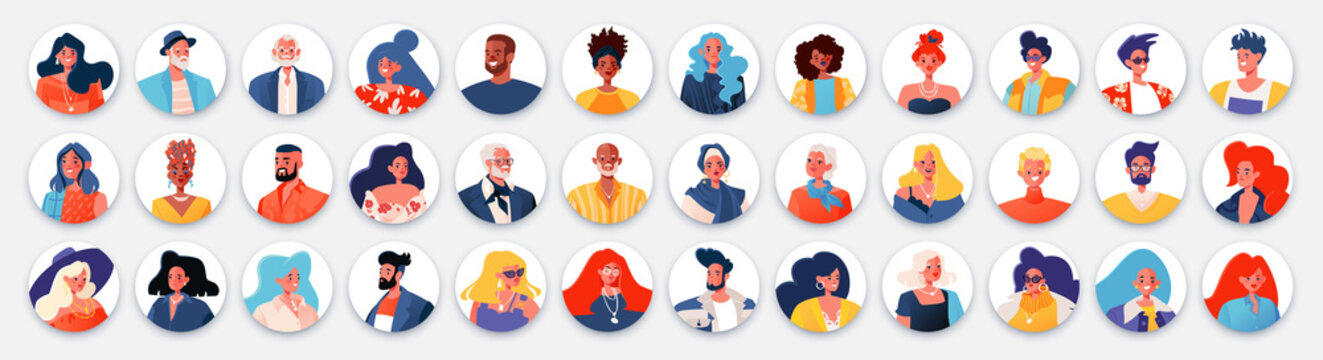 Set of portraits, avatars, icons with cute vector characters in a flat cartoon style. Modern stylish diverse people. Smiling female and male characters of different races and ages