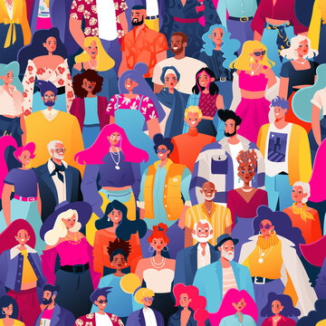 Seamless pattern. Crowd of variety, bright, fashionably dressed people. Vector characters. Different ages, genders, and nationalities. Concept of unity, equality, healthy relationships in society.