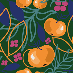 Seamless pattern with tangerines and leaves of blue and green on a dark green background.