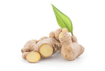 Ginger rhizome and green leaves isolated on white background with clipping path.