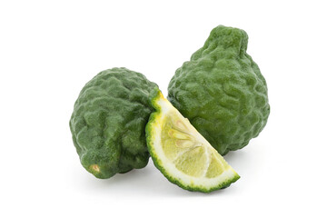 Kaffir lime or leech lime fruits isolated on white background with clipping path.