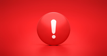 Red urgency warning icon symbol and alert security caution message or exclamation danger safety sign on error risk secure mark illustration background with warn signal stop attention alarm. 3D render. - obrazy, fototapety, plakaty
