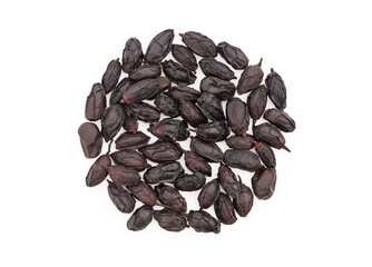 Neem or azadirachta indica ,dried seeds isolated on white background with clipping path.top view,flat lay.