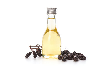 Neem or azadirachta indica ,dried seeds and oil isolated on white background.