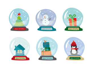 Snow Globe Christmas Set. Xmas Collection of snowball in doodle style. new year decoration hand drawn. Eve Elements. 