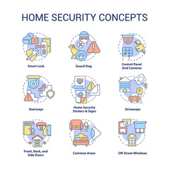 Obraz premium Home security concept icons set. Smart house idea thin line color illustrations. Camera surveillance. Internet of things. Burglary prevention. Vector isolated outline drawings. Editable stroke