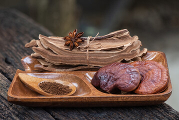 Reishi or lingzhi mushroom ,slices and powder on nature background.