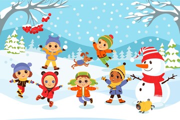 Naklejka premium Kids winter playing. Children in park. Boys and girls making snowman. Funny people jump in snowdrifts and throw snowballs. Christmas vacances. Outdoor games and activity. Vector concept