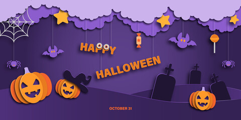 Halloween advertising banner with pumpkin, spiders, candy and bats in the night clouds on a purple background. Paper cut style. Halloween website sale banners or headers, horizontal poster template