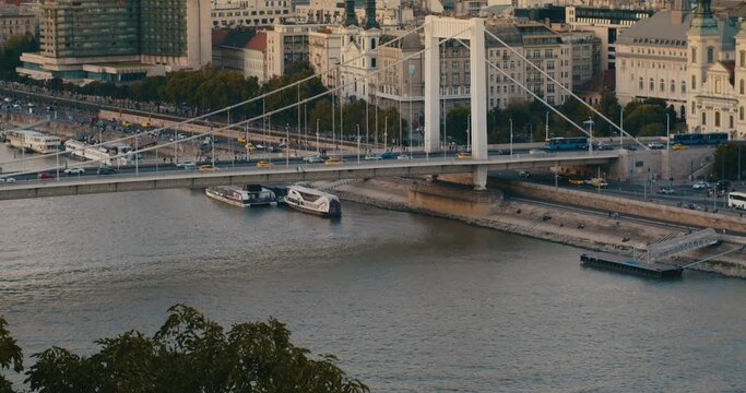 Budapest, Erzsebet bridge from Gellert Hill with Danube river at sunset